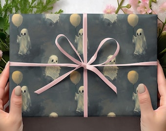 Cute Ghost Holding Balloon Wrapping Papers, Halloween Ghost Gift Wrap, Dark Academia Wrapping Papers, Adorable Ghost Art Birthday Gift Wraps