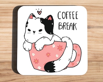 Cute White Cat In Daisy Pink Cup Of Coffee Coaster, Coffee Break Gifts, Adorable Doodle Kitty Cork Back Coaster For Cat Mom, Cat Lover Gifts