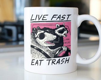 Live Fast Eat Trash Mug, Funny Raccoon And Possum Coffee Cup, Animal Lover Gift, Opossum Mug, Sarcastic Gift, Gag Mug, Raccoon Gift