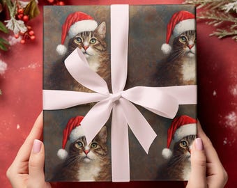 Cute Christmas Cat Wrapping Papers, Holiday Cat With Santa Claus Hat Gift Wrap, Xmas Gift Wrap, Cat Lover Gifts, Cat Christmas Art Gift Wrap