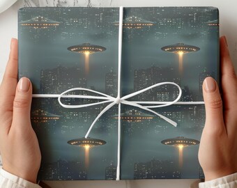 UFO Flying Over City Wrapping Papers, UFO Gift Wrap, Photo Of UFO Wrapping Paper, Conspiracy Gift Wrap, Funny City Art Gift Wrap, Alien Gift