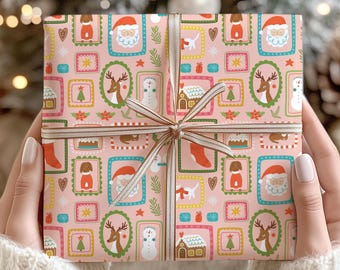 Papeles de regalo navideños rosas, divertidos papeles de regalo de Papá Noel, papel de regalo de galletas de jengibre, papel de regalo navideño retro para niños.