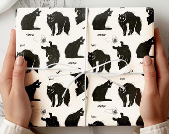 Funny Black Cats Wrapping Papers, Hand Drawn Adorable Animal Gift Wrap, Cat Lover Gift Wrap, Pet Owner Gift Wrap, Unique Kitten Gift Wrap