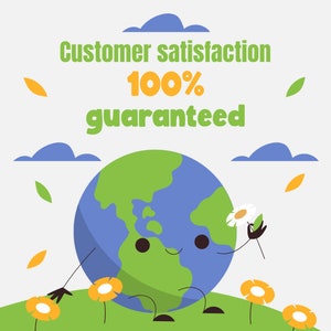 Puede incluir: Una ilustraci&oacute;n de dibujos animados de una Tierra sonriente sosteniendo una flor blanca. El texto "Customer satisfaction 100% guaranteed" est&aacute; por encima de la Tierra. La Tierra est&aacute; rodeada de nubes y hojas que caen.