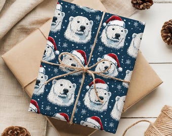 Polar Bear Christmas Wrapping Paper Roll, Polar Bear With Santa Hat Wrapping Papers, Xmas Polar Bear Gift Wrap, Animal Holiday Gift Wraps
