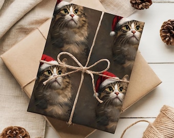 Cute Christmas Cat Wrapping Papers, Holiday Cat With Santa Claus Hat Gift Wrap, Xmas Gift Wrap, Cat Lover Gifts, Cat Christmas Art Gift Wrap