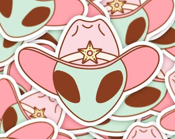 Stickers extraterrestre avec chapeau de cowboy, sticker cowboy de l'espace, sticker extraterrestre rétro, sticker western extraterrestre, cadeau extraterrestre groovy, sticker drôle de Far West