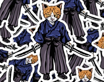 Adesivo gatto samurai, adesivo gattino giapponese, adesivo meme gatto, regalo bavaglio, gatto samurai giapponese con spade adesivo in vinile, arte del gatto guerriero