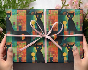 Papel de regalo surrealista de gato negro, papel de regalo surrealista, papel de regalo de gatito gracioso, regalo de arte surrealista, papel de regalo de animales psicodélicos