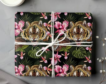 Tropical Tiger Wrapping Papers, Pink Orchids Flowers Gift Wrap, Coconut And Palm Leaves Wrapping Paper Roll, Jungle Tiger Gift Wrap For Her