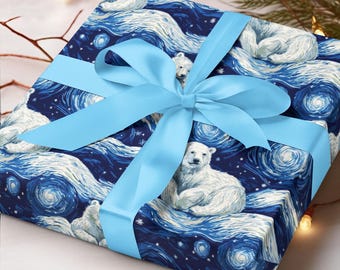 Polar Bear Wrapping Paper, Animal Gift Wrap, Cute Holiday Wrapping Paper, Winter Bear Gift Paper, Vincent Van Gogh Polar Bear Wrapping Paper