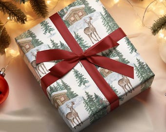 Christmas Wooden Cabin And Deer Wrapping Papers, Winter Forest Christmas Wrapping Paper, Xmas Deer Gift Wrap, Winter Landscape Gift Wrap