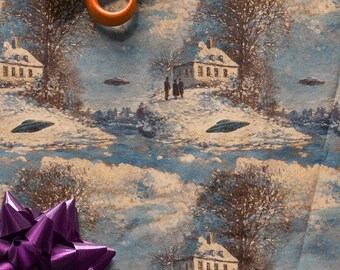 Winter Landscape With UFO Wrapping Papers, Christmas UFO Gift Wrap, Alien Xmas Wrapping Papers, Holiday Sci Fi Gift Wrap, Xmas UFO Meme Gift