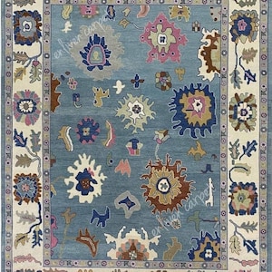 Hand Knotted Wool Oushak Rug: 8x10 Light Blue Turkish Accent