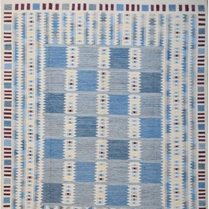 Handwoven Blue Kilim Wool Rug: Geometric Tribal Area Carpet
