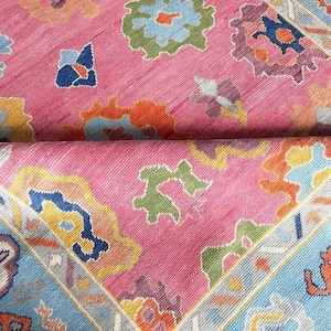 Bright Oushak Wool Rug | Handwoven Turkish Area Carpet | Vibrant Pink & Blue Boho Decor | Colorful Geometric Oriental Rug