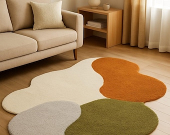 irregular Shape Tufted Rug Multicolored, Hand-Tufted Wool Area Rug Carpet for Bedroom Aesthetics, Home, Living Room, Office, Kids