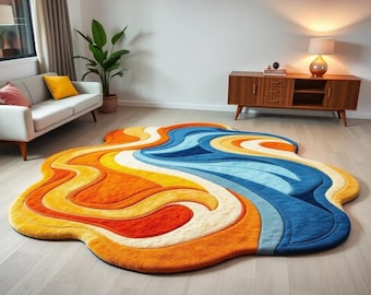 Irregular Shape Tufted Rug Multicolored, Hand-Tufted Wool Area Rug Carpet for Bedroom Aesthetics, Home, Living Room, Office, Kids
