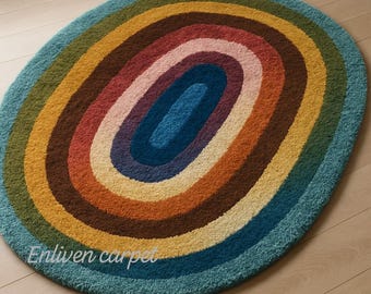 Oval Shape Tufted Rug Multicolored, Hand-Tufted Wool Area Rug Carpet for Bedroom Aesthetics, Home, Living Room, Office, Kids
