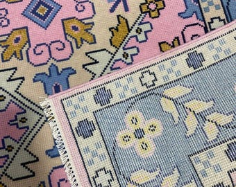 9x12 hand knot rug, Oushak Turkish rug, with blue accents, hand-knotted in wool, living room.  area rug Bedroom rug sizes 8x10, 9x12