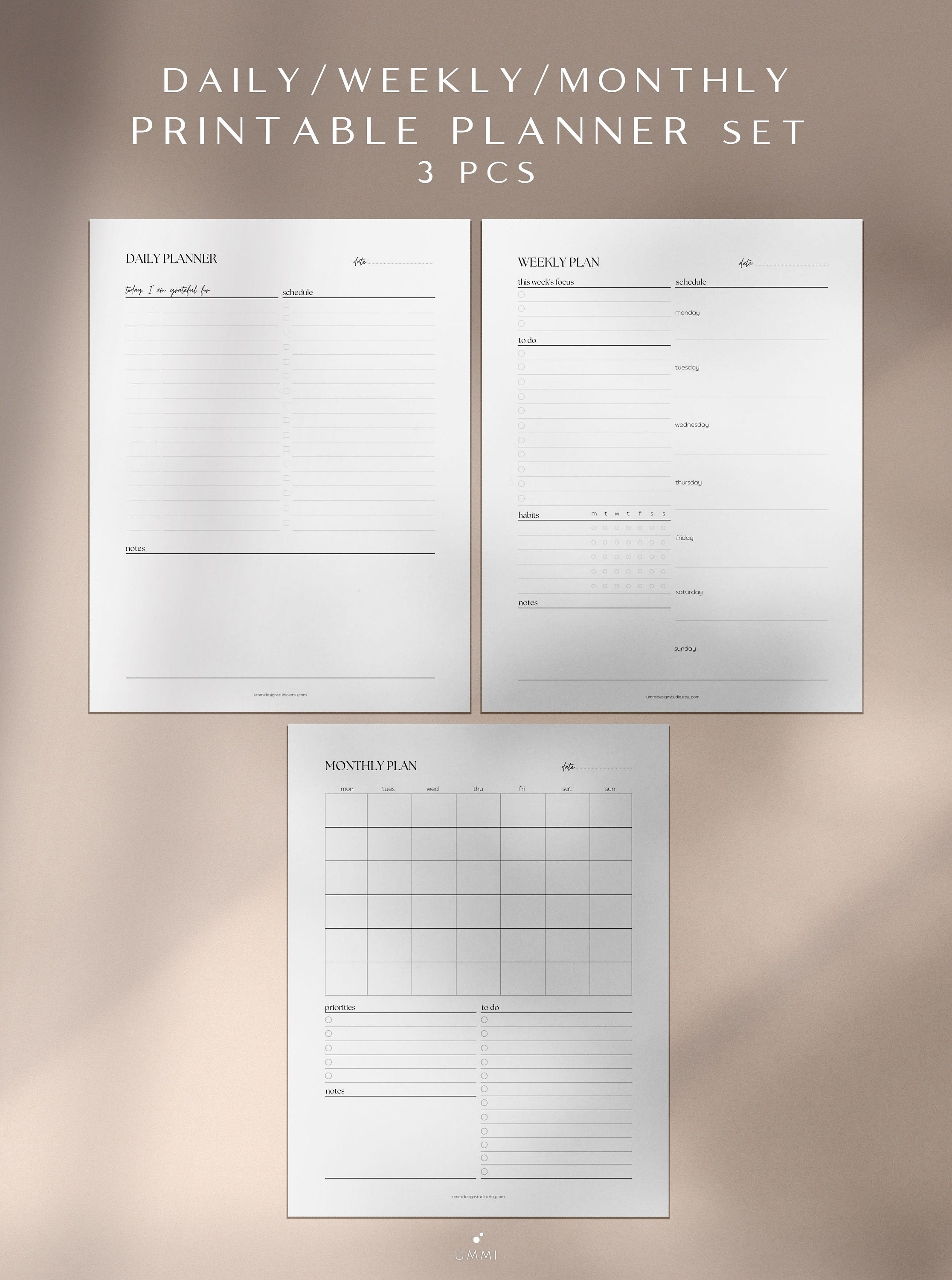 Daily Weekly Monthly Printable Planner Set 3 Pcs Ummi Easy Planner Back ...