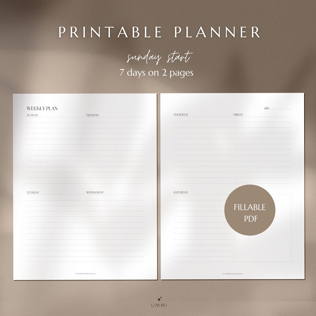 2 Pages Weekly Planner Sunday Start Minimalist Printable - Etsy