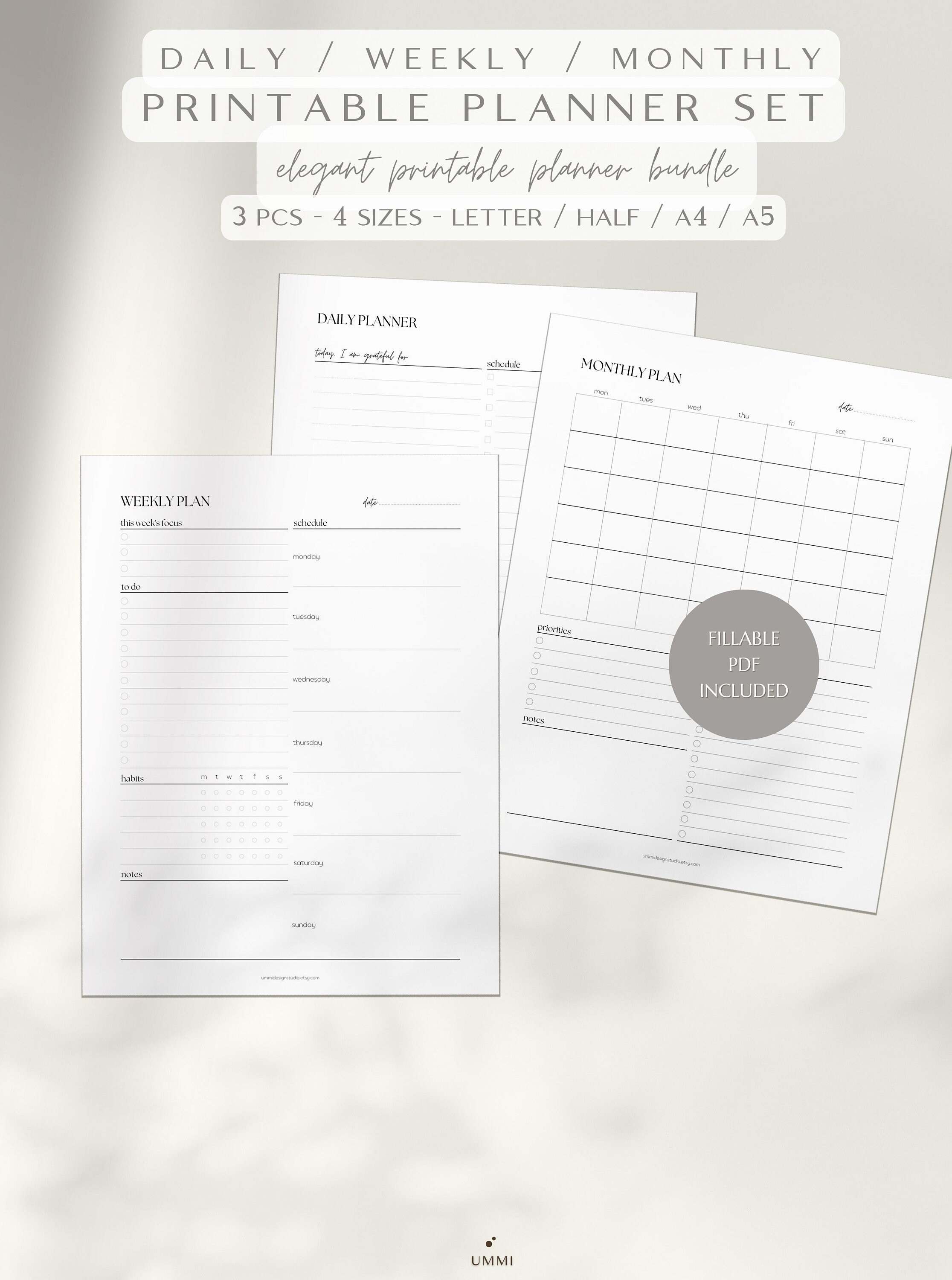 Daily Weekly Monthly Printable Planner Set 3 Pcs Ummi Easy Planner Back ...