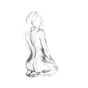 座る女性の後ろ姿の鉛筆画（印刷可能）｜ロングヘアの女性のミニマリストスケッチ｜フェミニンな壁飾り｜UMMIデジタルダウンロード