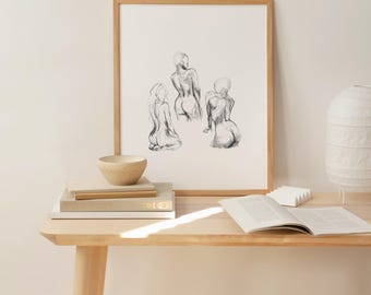 Desnudo femenino moderno imprimible | Dibujo minimalista en blanco y negro | Decoración de pared sofisticada