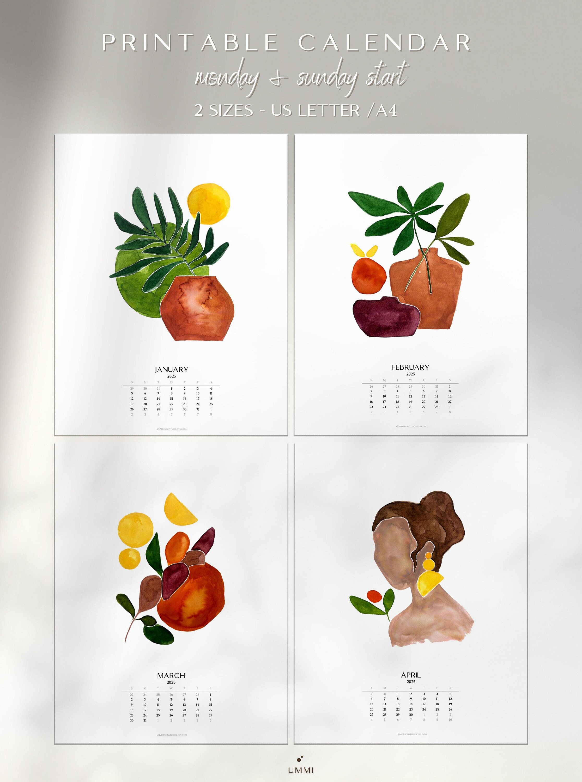 2025 Watercolor Printable Calendar Decor Wall Art Boho Etsy