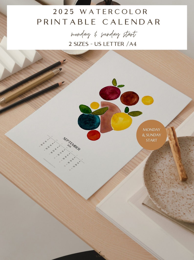 2025 Watercolor Printable Calendar Decor Wall Art Boho Etsy
