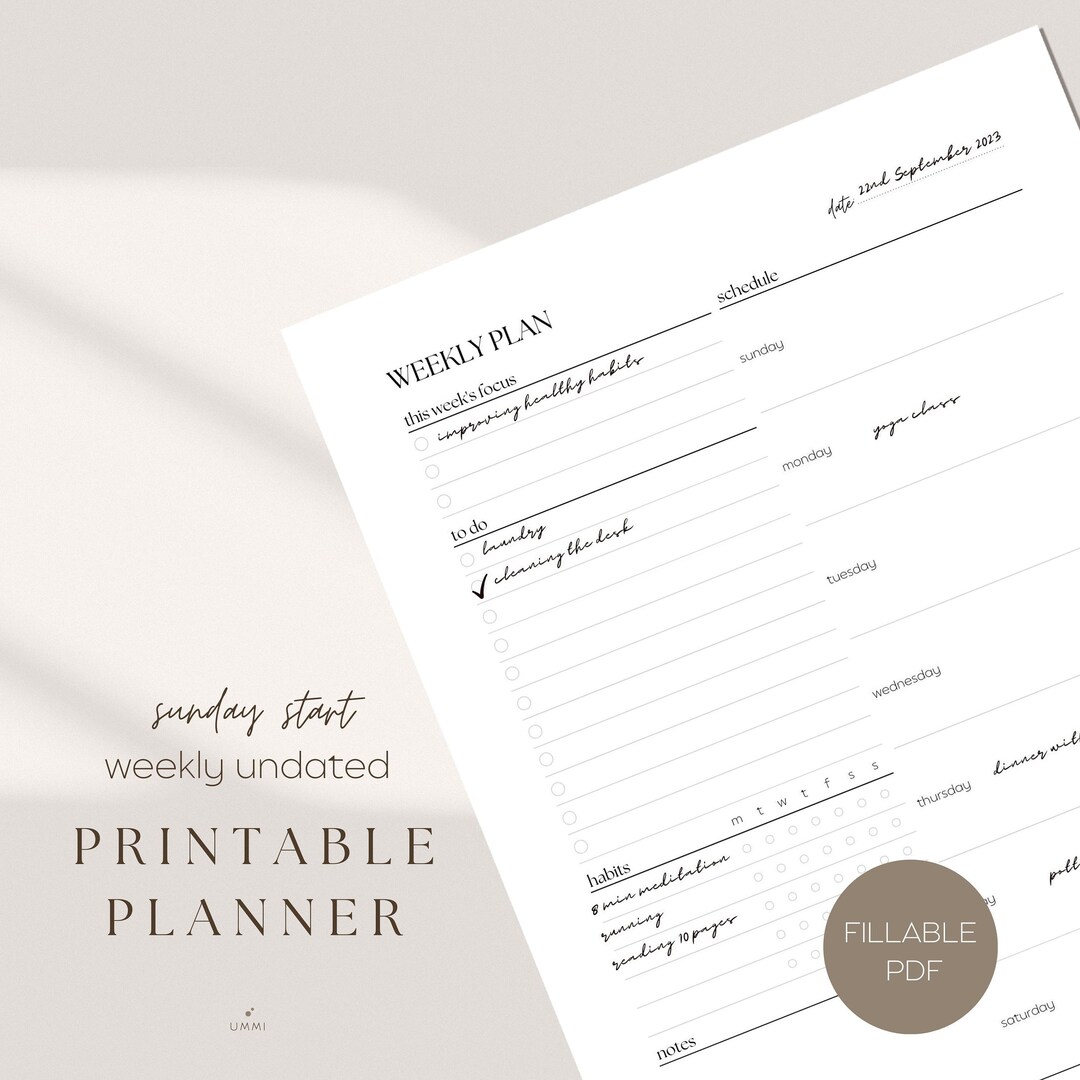 Sunday Start Weekly Planner Fillable PDF Digital Download Etsy