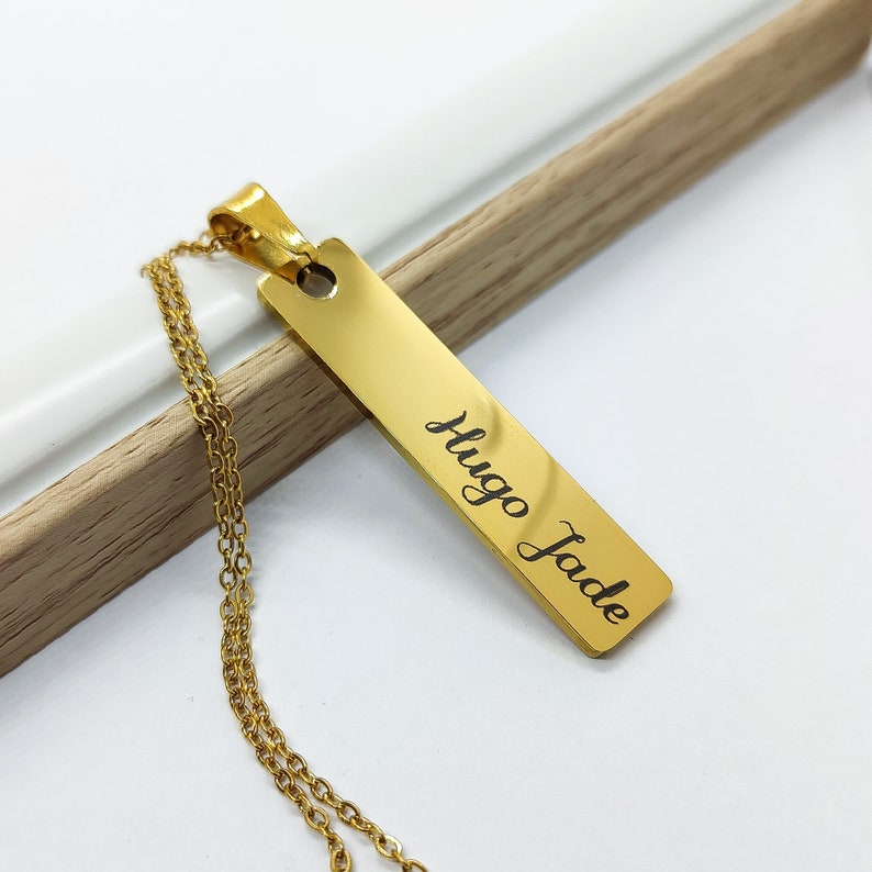 Collier personnalisé gravure prénom message acier inoxydable poli, cadeau homme, pendentif barre rectangle personnalisé
