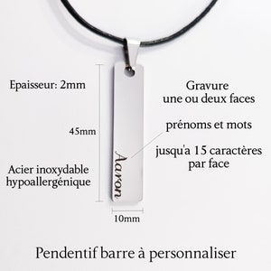 Collier personnalisé gravure prénom message acier inoxydable poli, cadeau homme, pendentif barre rectangle personnalisé