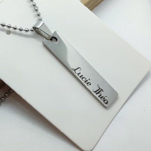 Collier personnalisé gravure prénom message acier inoxydable poli, cadeau homme, pendentif barre rectangle personnalisé