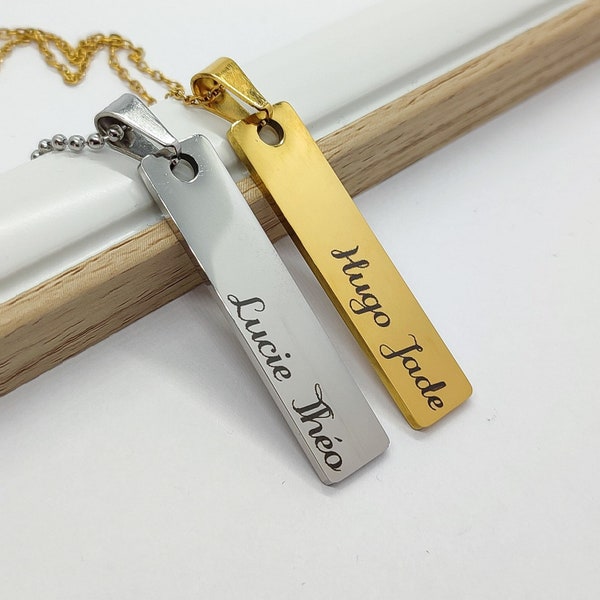 Collier personnalisé prénoms et messages, cadeau homme, style pendentif barre, gravure message et prénom