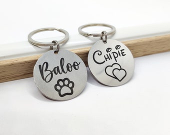 Médaille pour chien personnalisée ronde, en acier inoxydable, choix du style d'écriture et motif, gravure nom et numéro de téléphone.