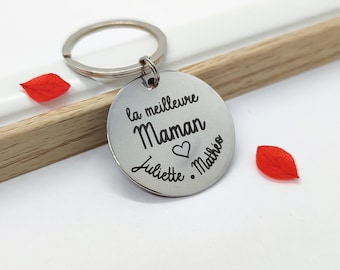 Porte clé personnalisé pour la fête des mères, gravure message et prénom, en acier inoxydable rond
