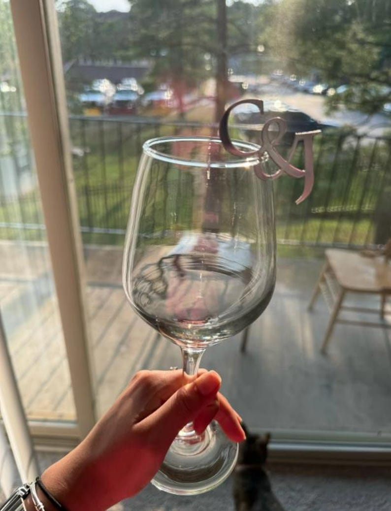 "Custom drink tags for wedding, champagne glass tags engraved with initials."