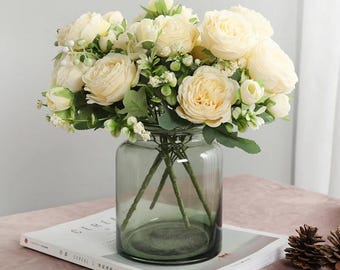 White Bridal Bouquet, Boho Flower Bouquet, Wedding White Rose Bouquet, Design in Rose, Artificial Peony Bouquet Wedding Peony Bridal Bouquet