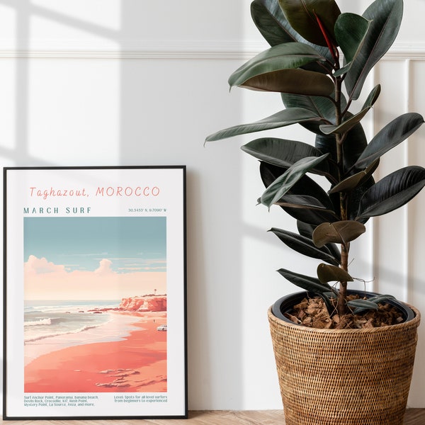 Surf Locations Map, Morocco Beach Poster, Maximalist Decor, Trendy Ocean Wall Prints, Retro Wall Decor, Surf Gift Ideas, Vintage Surf Poster