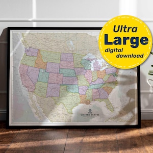 USA Politische Karte Print. Hochauflösende DRUCKBARE USA Karte. US Map Wandkunst. Sofortiger digitaler Download für Reisen, Bildung, Dekor