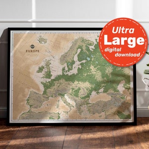 Impressão de mapa de terreno da Europa. Mapa físico da Europa IMPRIMÍVEL em alta resolução. Arte de parede de mapa da UE. Download digital para viagens, educação e decoração.