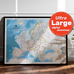 Impresión de mapa político de Europa. Mapa de Europa IMPRIMIBLE de alta resolución. Arte mural con mapa de la UE. Descarga instantánea para viajes, educación y decoración