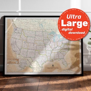 Impresión del mapa político de Estados Unidos. Mapa de EE. UU. IMPRIMIBLE de alta resolución. Arte mural con mapas de EE. UU. Descarga digital instantánea para viajes, educación y decoración