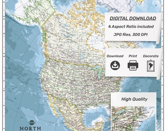 North America Map Print| North America Map Wall Art| PRINTABLE North America Map Print| Digital Download
