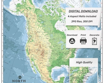 North America Map Print| North America Map Wall Art| PRINTABLE North America Map Print| Digital Download