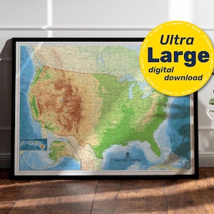 Impressão de mapa de terreno dos Estados Unidos. Mapa físico dos EUA IMPRIMÍVEL em alta resolução. Arte de parede de mapa. Download instantâneo para viagens, educação e decoração.