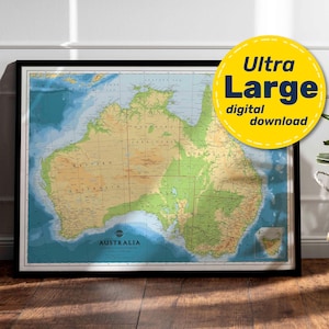 Impressão de mapa de terreno da Austrália. Mapa da Austrália IMPRIMÍVEL em alta resolução. Arte de parede de mapa. Download digital instantâneo para viagens, educação e decoração.