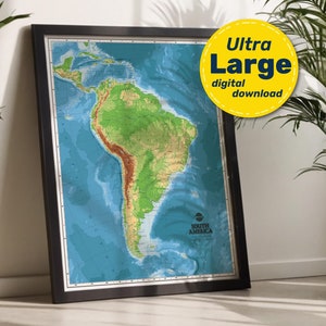 Impressão de Mapa de Terreno da América do Sul. Mapa da América do Sul IMPRIMÍVEL de alta resolução. Arte de Parede de Mapa da América do Sul. Para Viagem, Educação e Decoração.